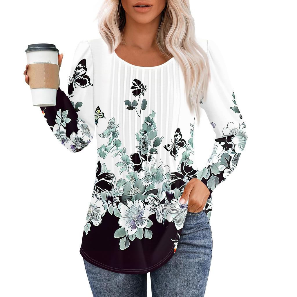 Long Sleeve Shirts For Women Tops Dressy Casual Blouses Pleated Scooped Neck Tunic Tops