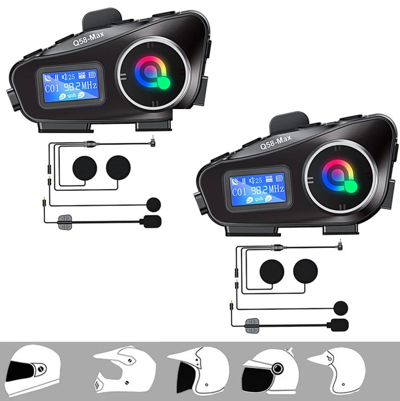 Q58-Max Мотоциклетный интерком-гарнитура для шлема BT5.3 500M Intercomunicador Moto FM-радио Music Share Наушники с ЖК-дисплеем для 2 гонщиков 2024 Новинка