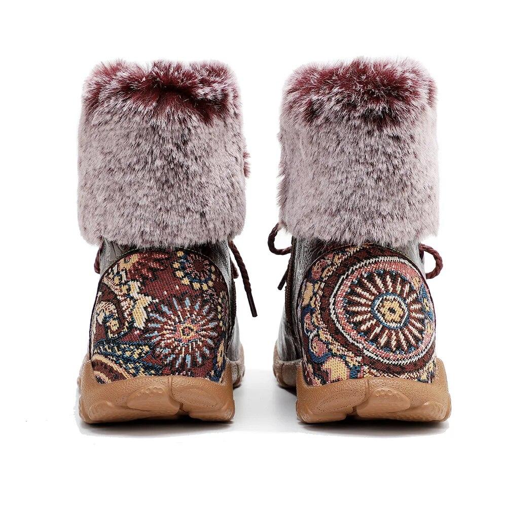 Johnature Handmade Genuine Leather Printed Short Boots With Plush Warm Comfortable Snow Boots Women Shoes