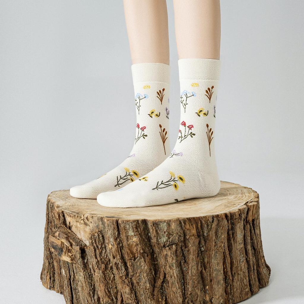 Женские носки до середины икры с цветочным принтом и бантом - 5 пар, ретро и трендовый дизайн в стиле колор-блок