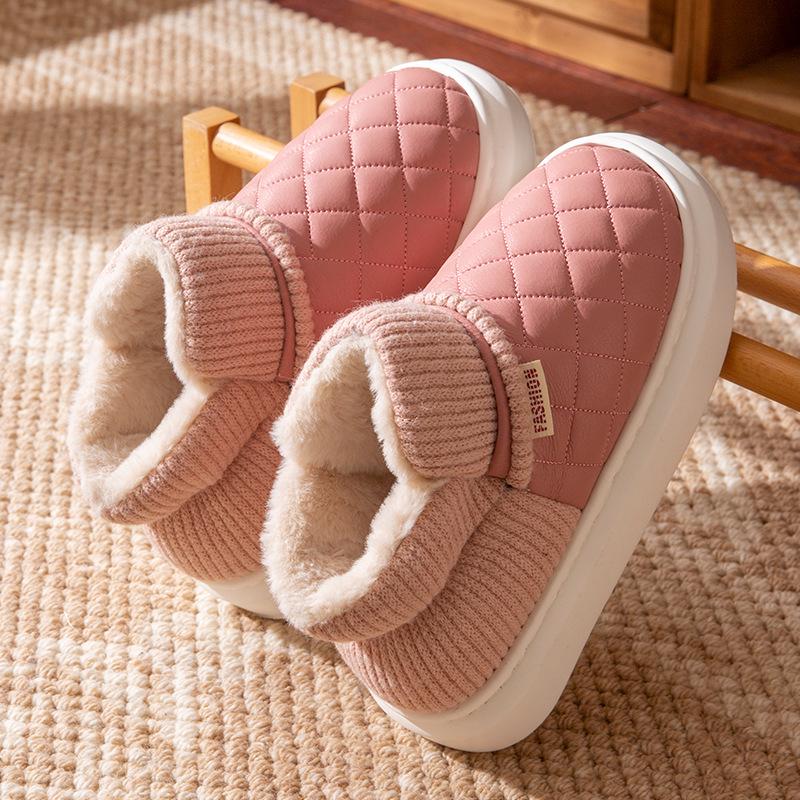 Waterproof Women's High-Top Anti-Slip Cotton Slippers with Thick Sole and Plush Lining for Winter 2025