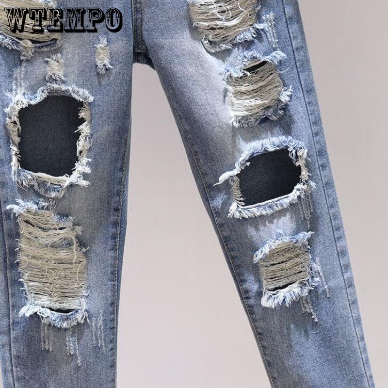 Женские джинсы, летние новые модные простые и универсальные джинсы Bf Wind Rotten Hole, гарлемские брюки, свободные брюки длиной девять четвертей, свернутые брюки