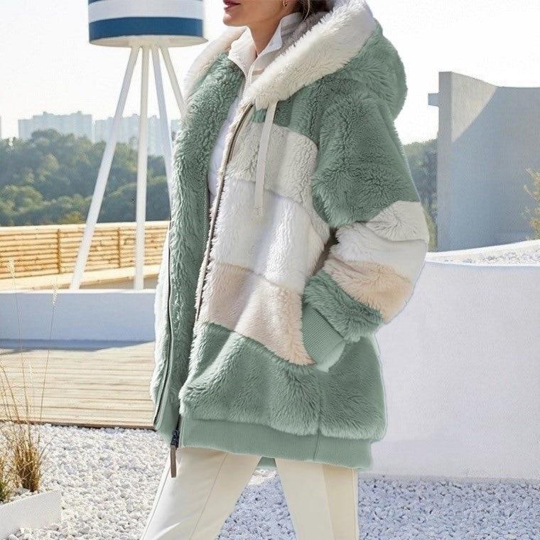 Winter Women's Fashion Hooded Warm Loose Jacket for Women Patchwork Outerwear Zipper Ladies Plus Size Sweaters