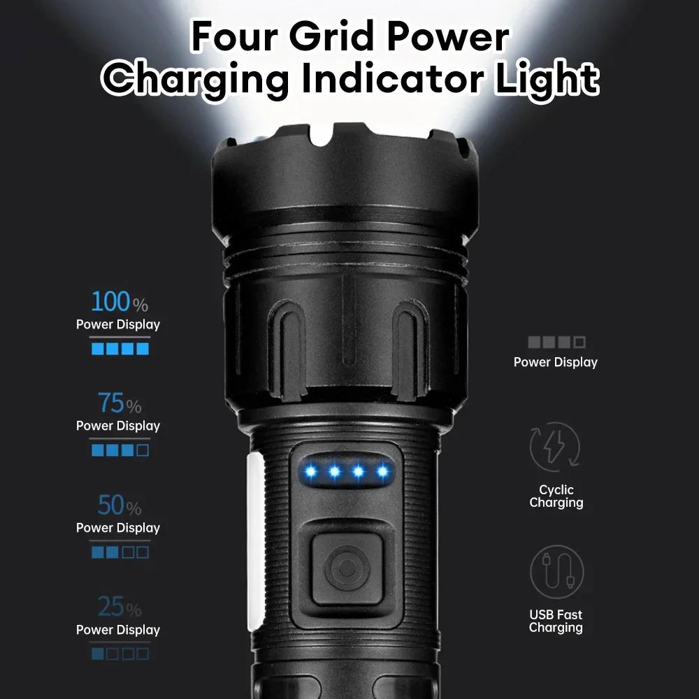 2000LM Powerful Zoom LED Flashlight with COB Side Lights 7 Modes Type-c Rechargeable Torch Lights Outdoor Emergency Lantern