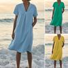 Летнее Миди Платье для Женщин Повседневное с Коротким Рукавом Легкое Сарафан Свободный Крой V-образный Вырез Наряды для Пляжного Отпуска с Карманами