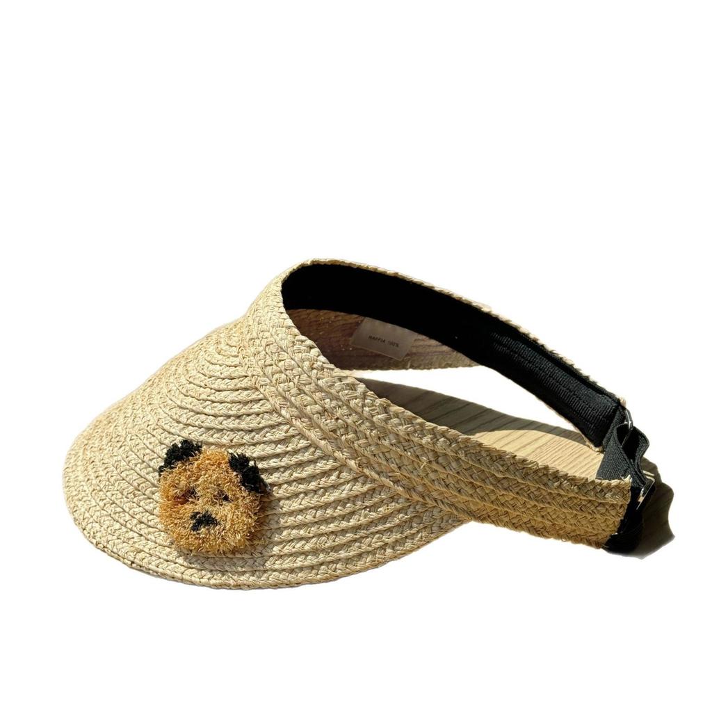 New cute women's handmade raffia straw visor hat with panda decoration, sun protection hat, foldable and trendy