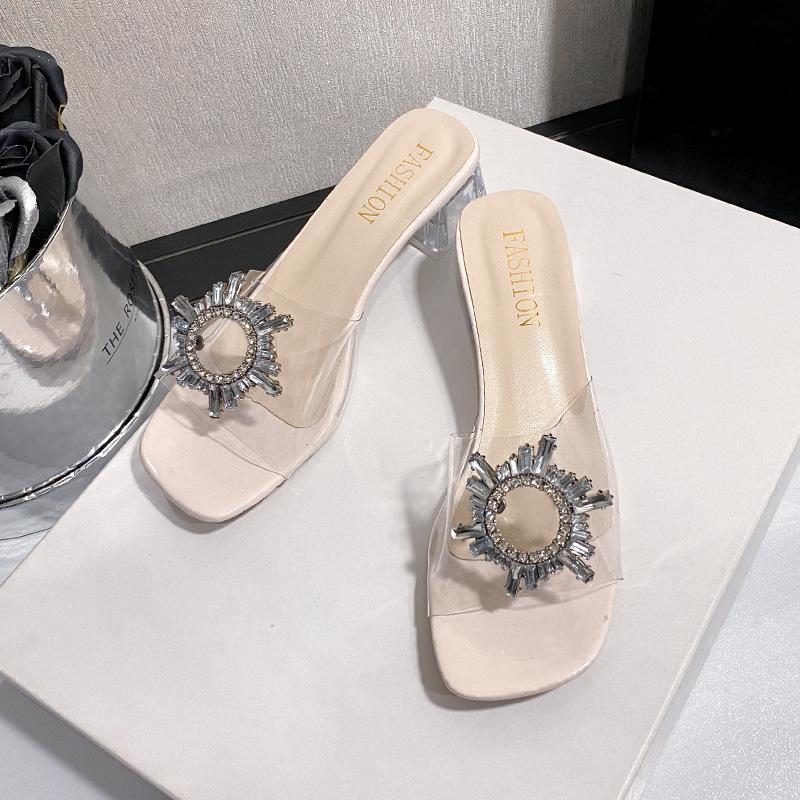 Сандалии на танкетке лето новые большие размеры крутые шлепанцы женские со стразами прозрачные модные сандалии на танкетке крутые шлепанцы