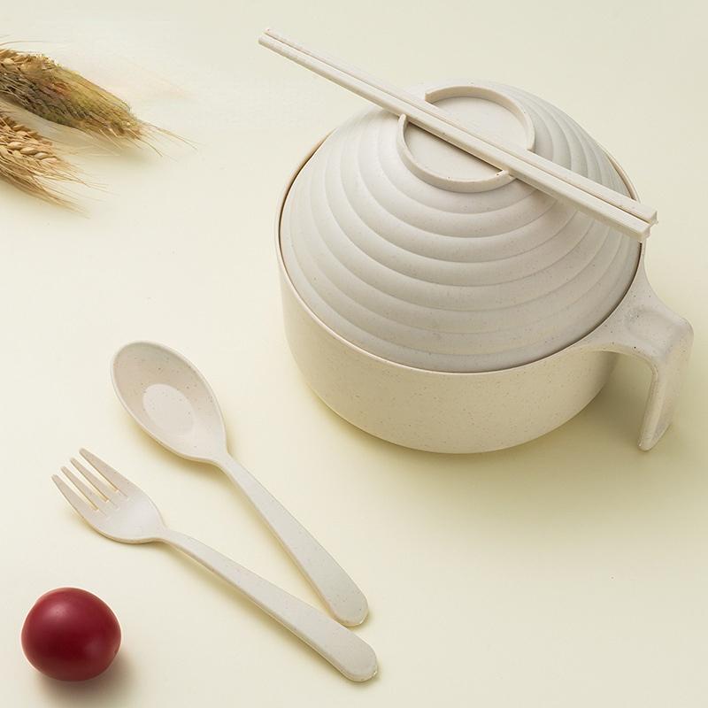 Wheat Straw Multifunctional with Lid Bowl Spoon Fork Chopsticks Eating Dinnerware Set Anti-hot Bowl Microwavable Bowl