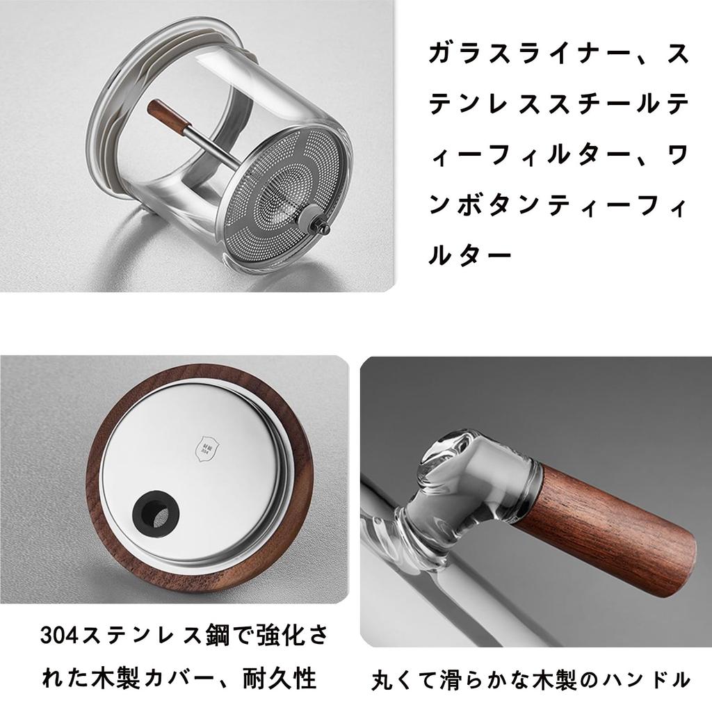 MiniMood Heat-Resistant Glass Teapot, 304 Stainless Steel with Strainer, Wooden Handle, 0.65L, Separate Strainer