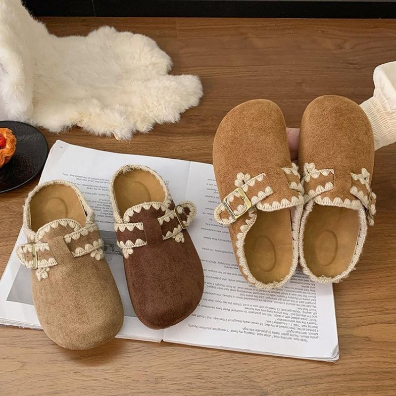 Retro Rubber Sole One-pedal Slippers Autumn and Winter New Bag Head Lazy Shoes Embroidered Platform Slippers