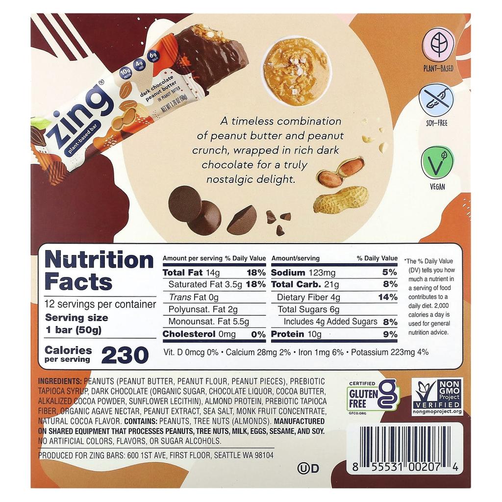Zing Bars Vegan Bars, Dark Chocolate Peanut Butter, Pickled Peanut Butter Flavor, 12 Bars, 1.76 Oz (50 G) Each