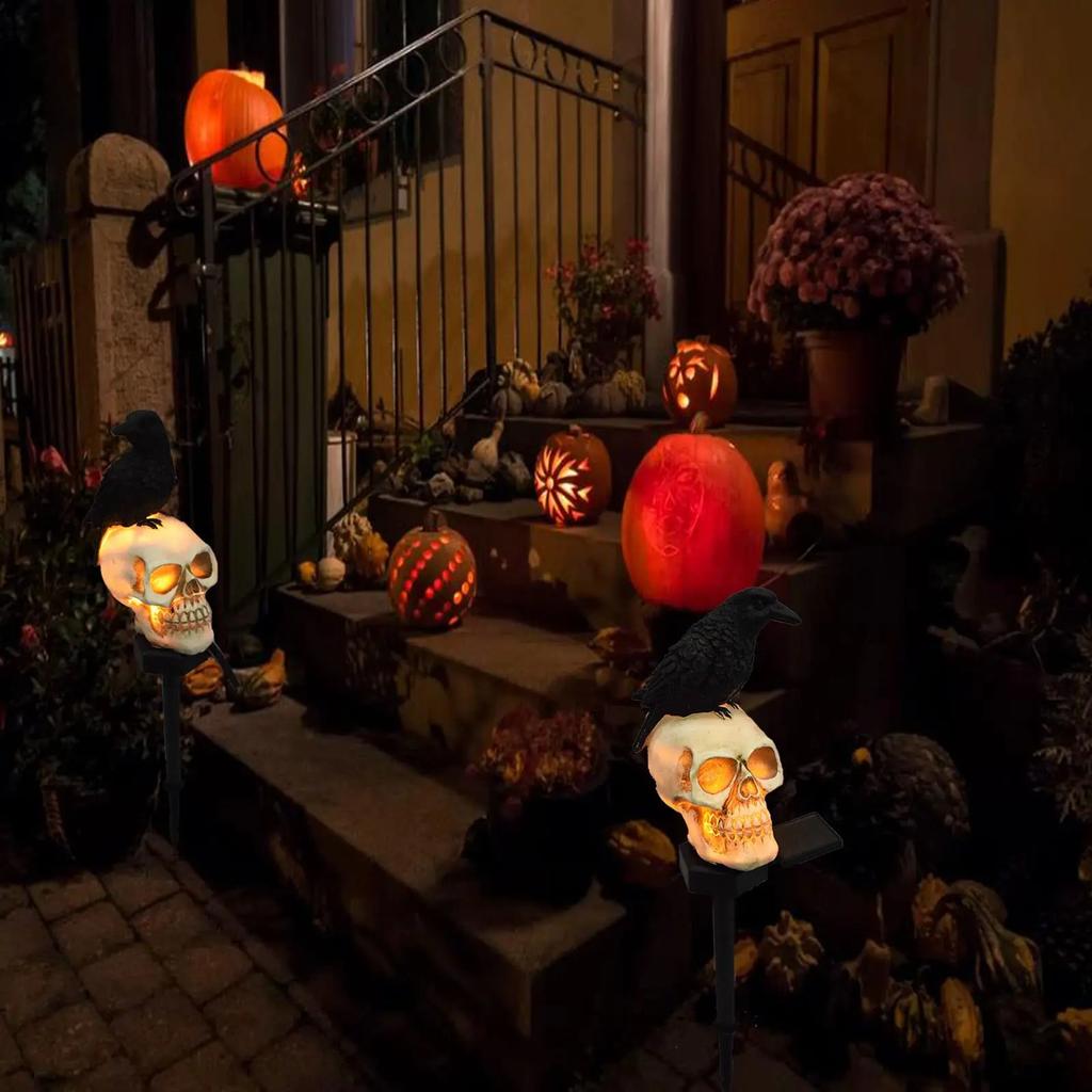 Уличные светильники на Хэллоуин, водонепроницаемые солнечные светильники на рождественской елке, тыквенные садовые светильники, украшение в виде черепа вороны Санта-Клауса и панды