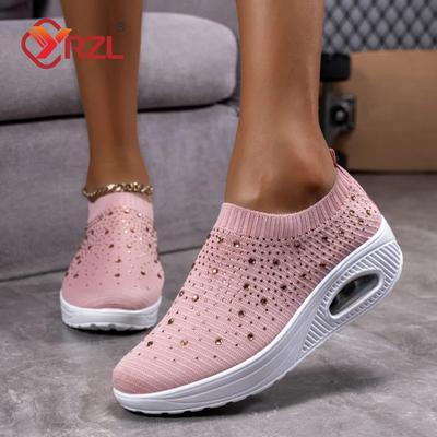 YRZL Женская обувь Разноцветные повседневные женские кроссовки Дышащие кроссовки без застежек Удобные туфли для отдыха и прогулок на плоской подошве с кристаллами для женщин