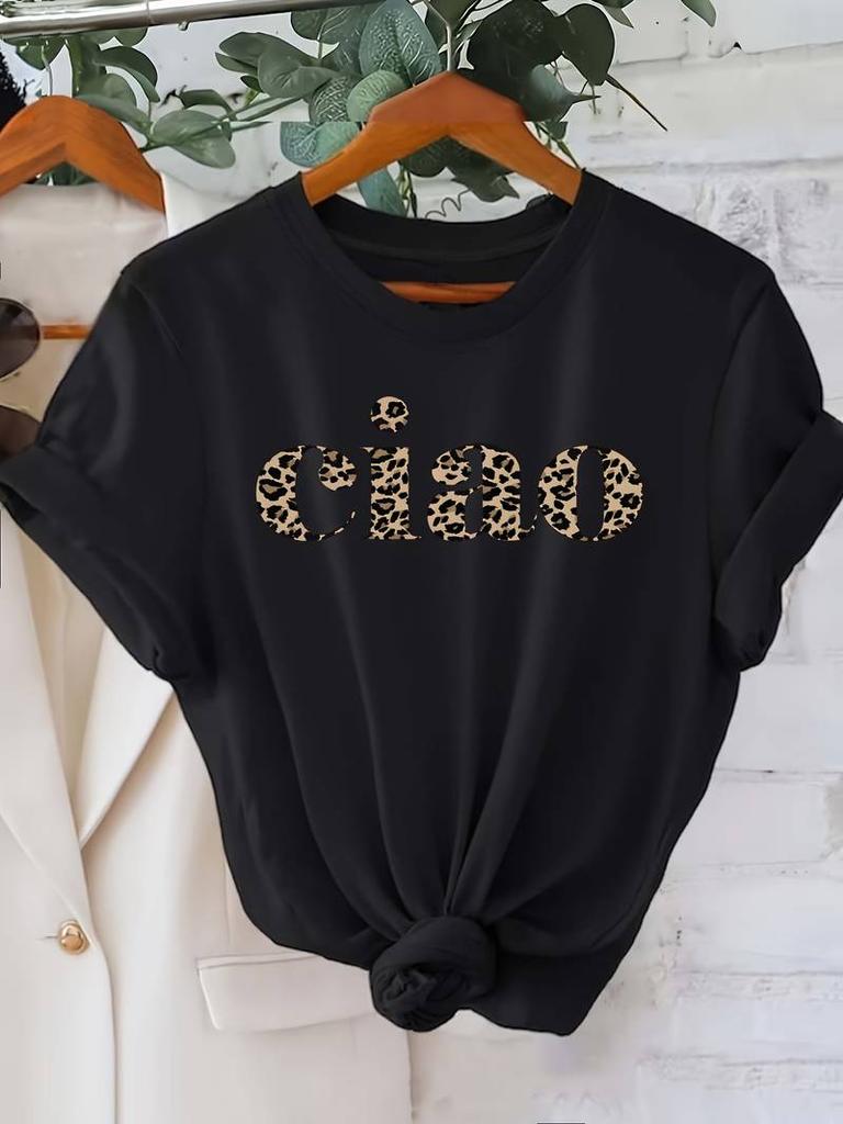 Letter Ciao Leopard Heartbeat Short Sleeve Print Clothing Women's T-Shirt Harajuku Graphic Clothing Women's Top Tee