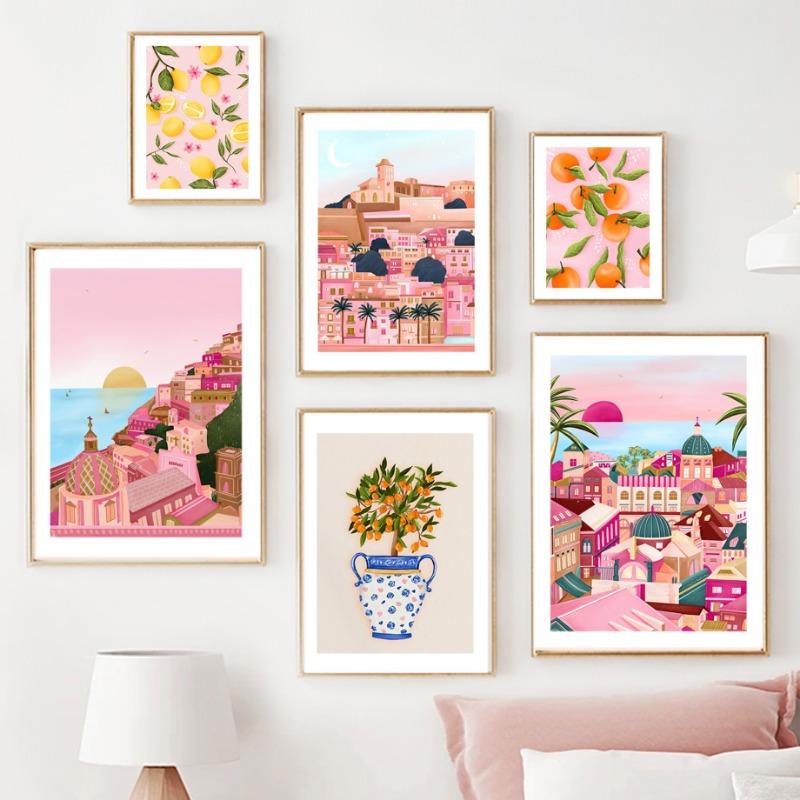 Красочный Город Здание Лимон Фрукты Абстрактный Пейзаж Постеры и Принты Настенное Искусство Холст Живопись Картины Для Декора Гостиной
