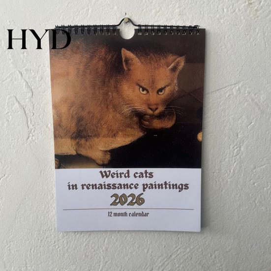 Cat Lover Gift Calendar 2026 Wall 12-Month Strange Cats in Renaissance Paintings for Retro Art Home Office Unique Historical Lovers