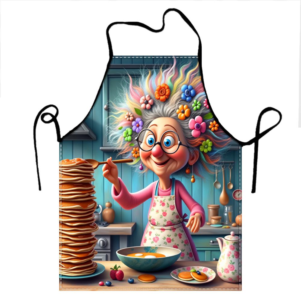 Colorful Granny Cooking Apron With Pancake Stack And Floral Hair Design For Kitchen Fun
