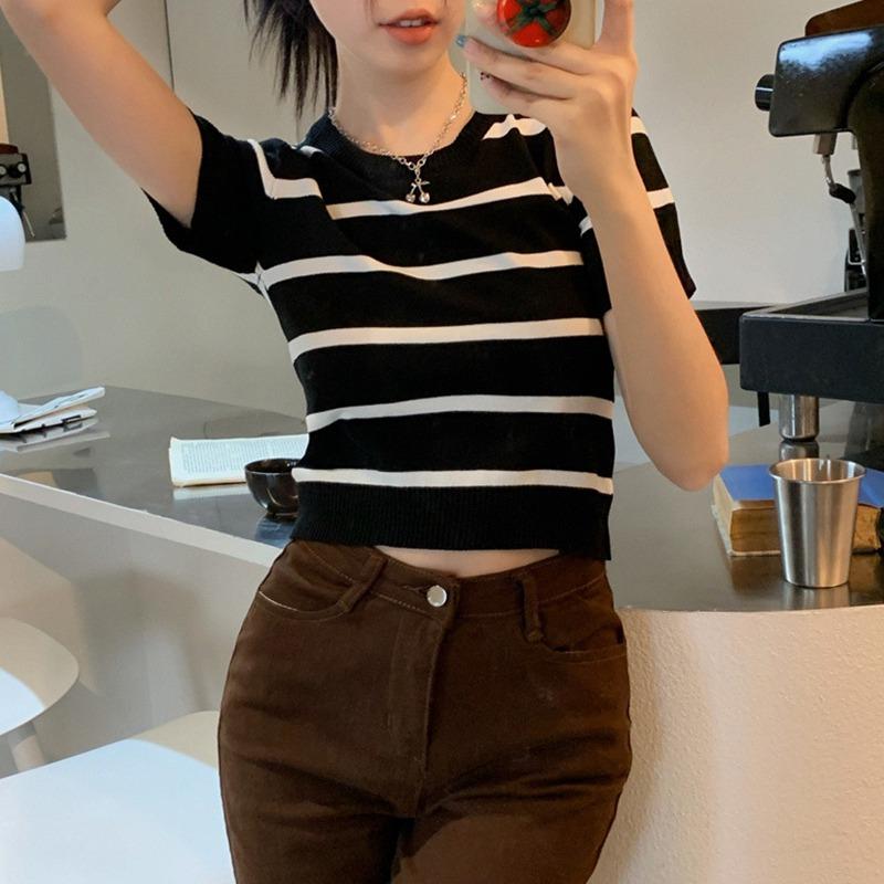 Женский ледяной шелк с круглым вырезом, универсальный пуловер в стиле ретро с коротким рукавом, вязаный короткий