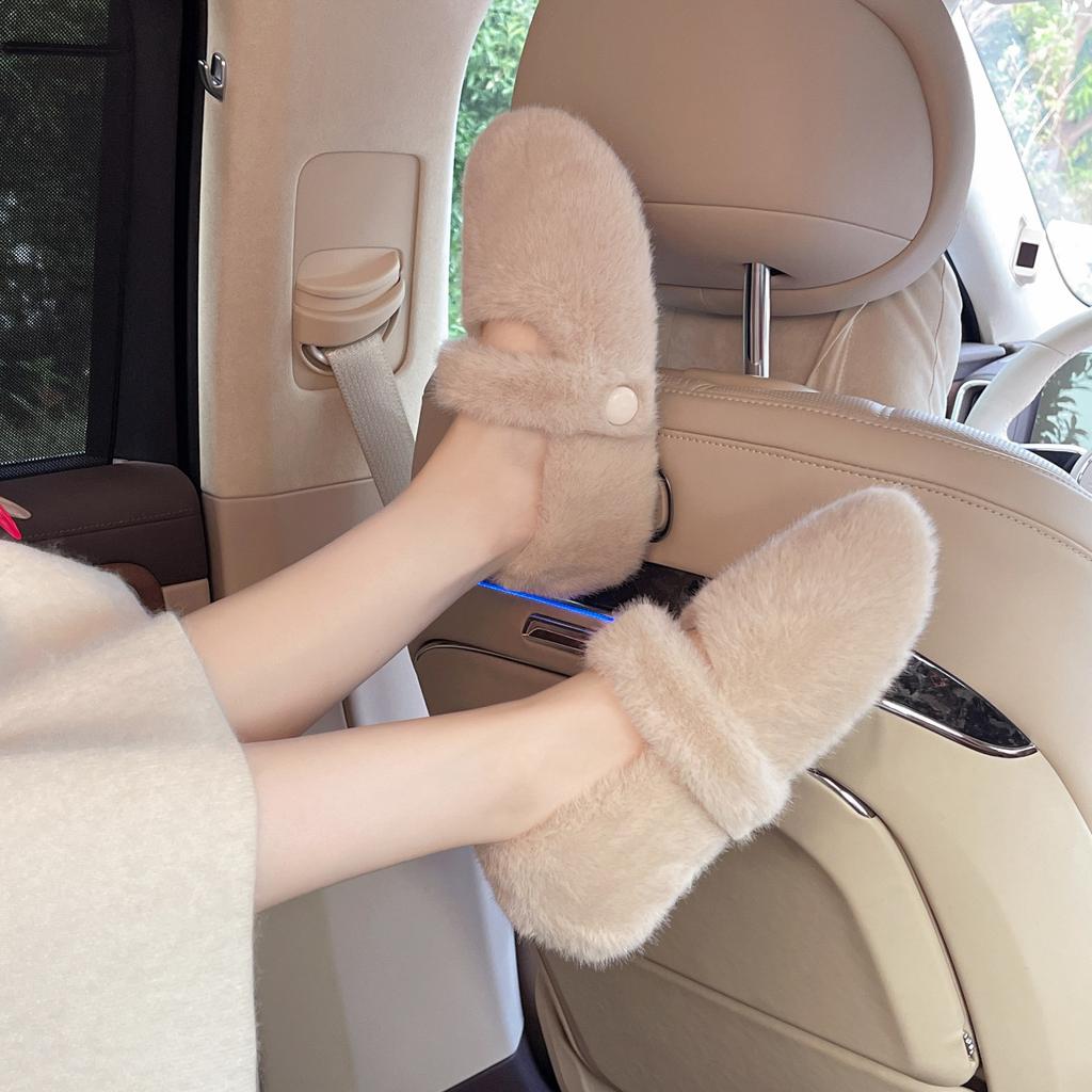 Sweet fluffy shoes for women to wear outside autumn and winter new velvet beanie shoes, shallow mouth versatile flat bottom warm cotton shoes
