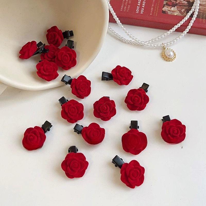 Корейские красные бархатные заколки для волос с розами для женщин, маленькие заколки с цветами для девочек, элегантные заколки для волос, заколки, свадебные аксессуары для волос