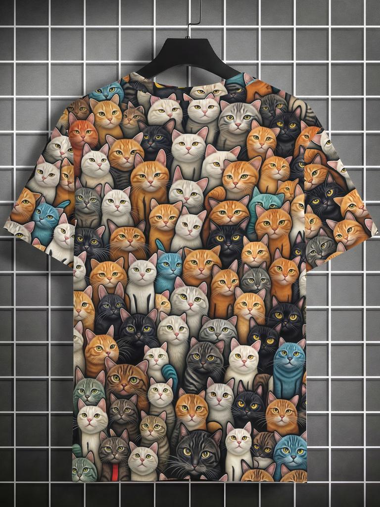 Men's Vintage Cat Print T-Shirt - Full-Body Short Sleeve Round Neck Casual Top with Retro Feline Design, Machine Washable Suitable for Casual Attire,