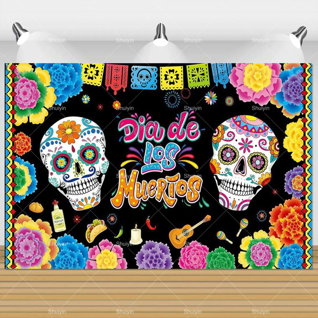 1pc Mexican Day of the Dead Background Skeletons Guitar Dia De Muertos Festive Decoration Party Supplies Fiesta Photo Shoot Prop