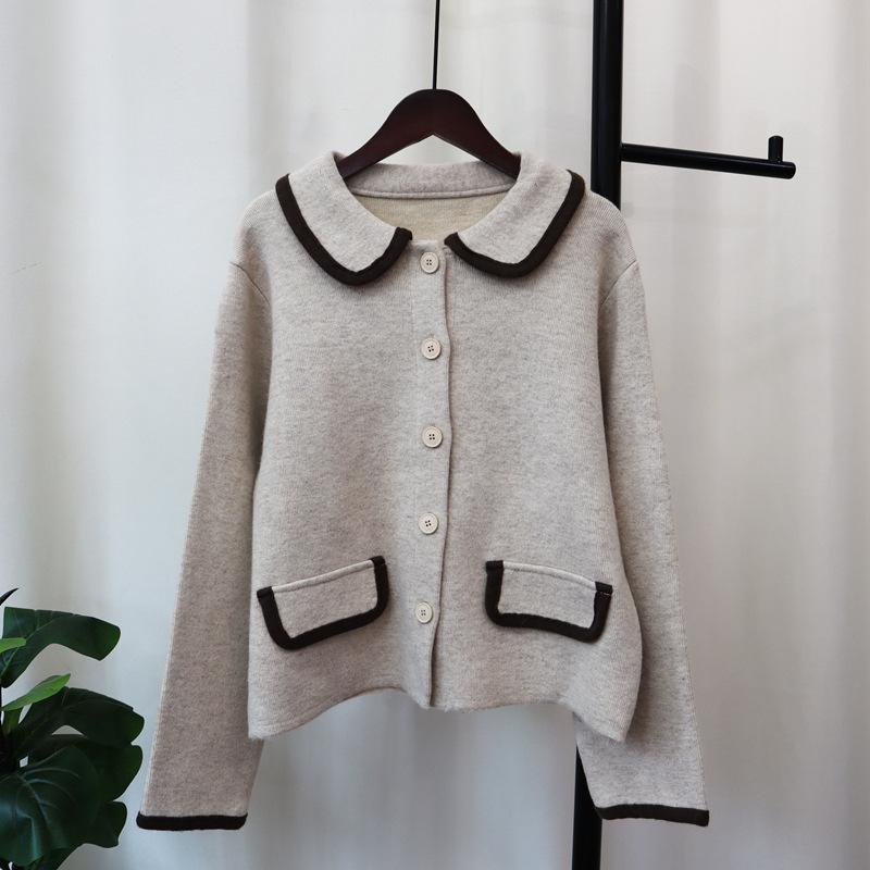 Осень и зима новый ретро контрастных цветов гонконгский стиль вязаный кардиган мягкий восковой дизайн темперамент свободный свитер куртка женская