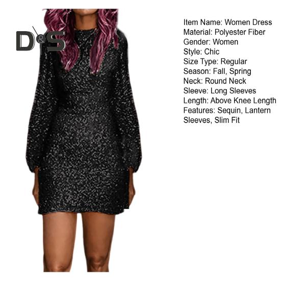 Осенне-весеннее женское платье с длинными рукавами-фонариками, круглым вырезом и пайетками, облегающее мини-платье для выпускного вечера, банкета, короткое платье