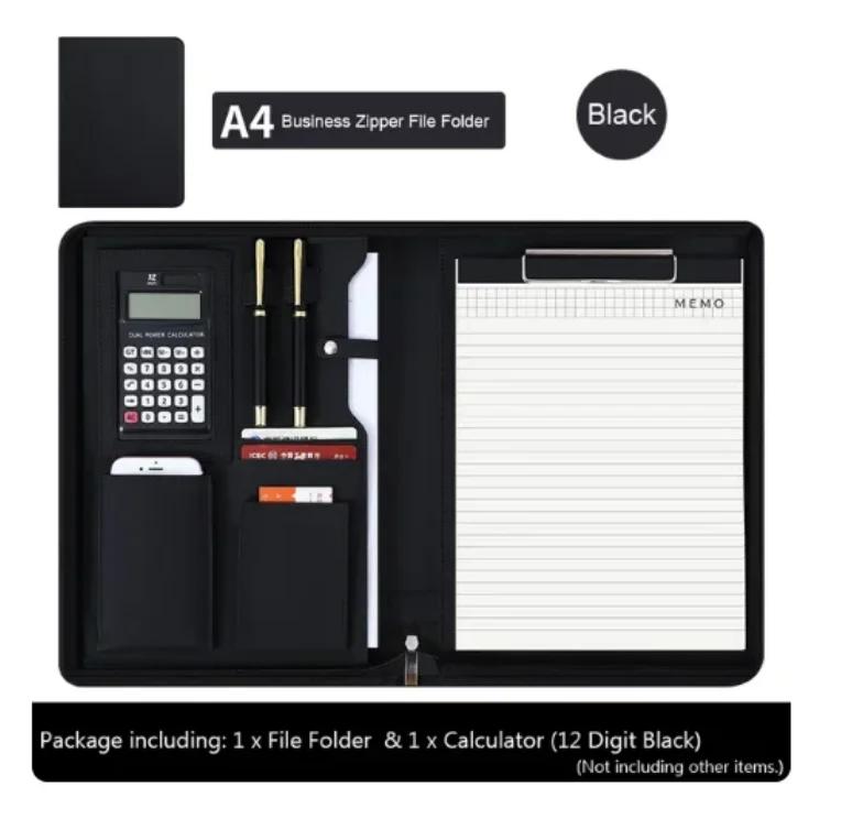 PU Leather Business with Zipper All-in-One Presentation Slot of Portfolio Solar Calculator and Card Storage Writing Pad