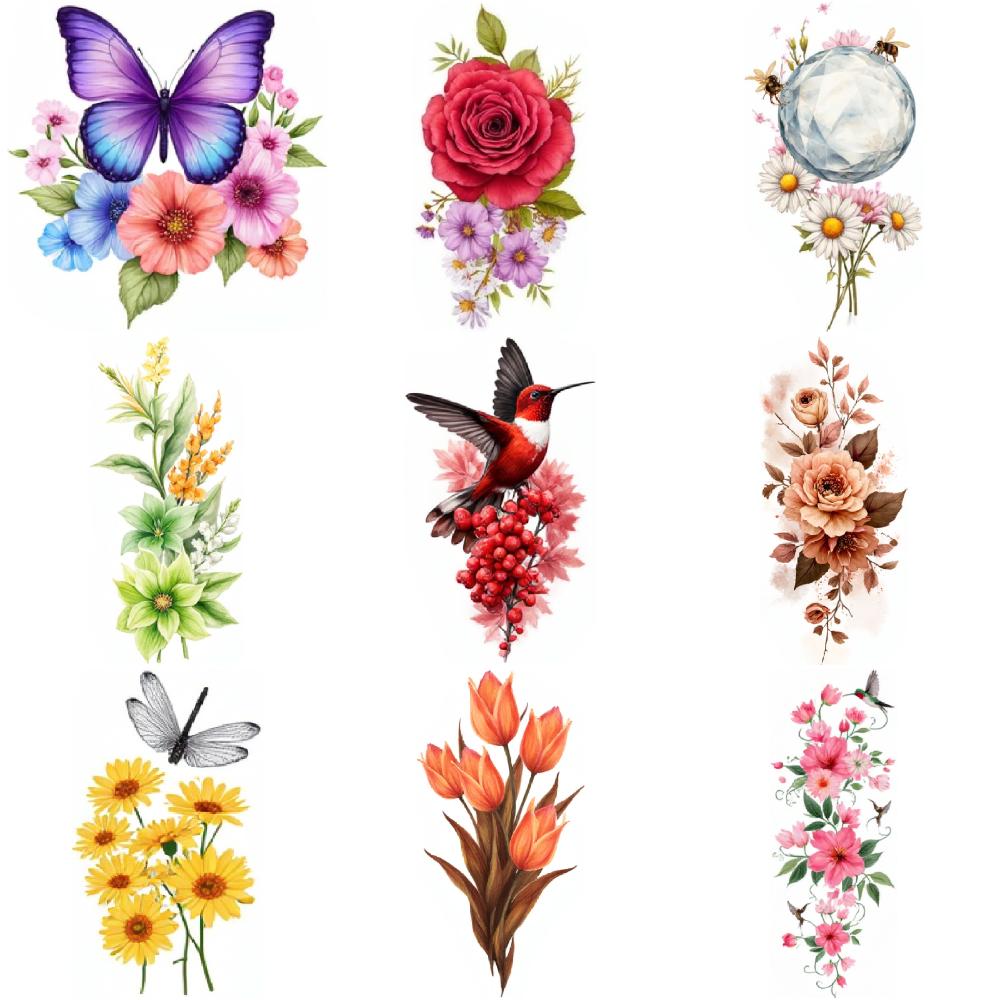 9pcs Temporary Tattoo Temporary Tattoo Stickers Butterfly With Lavender Flowers Orange Alstroemeria Flowers Yellow Daffodils For