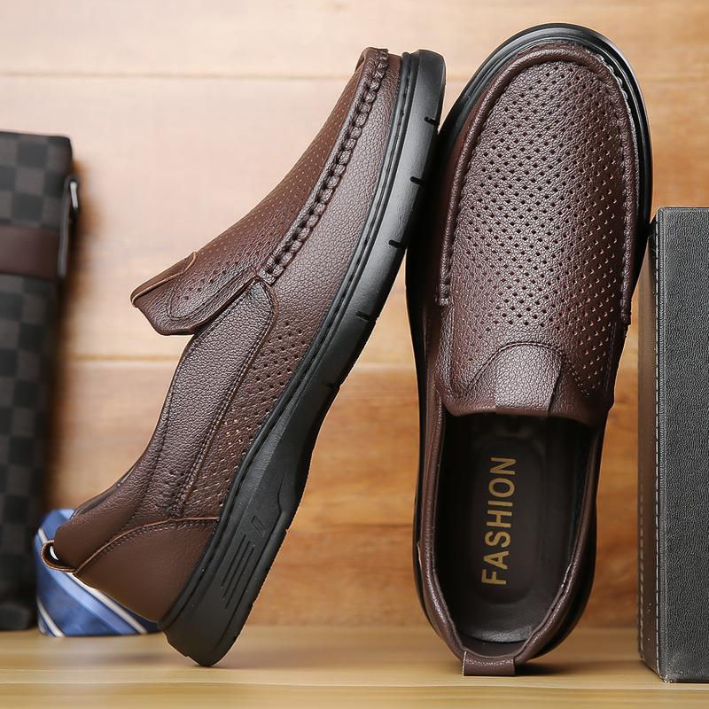 Летние полые кожаные туфли мужские дышащие деловые повседневные кожаные сандалии на одной педали с мягкой подошвой для мужчин среднего возраста, папины туфли