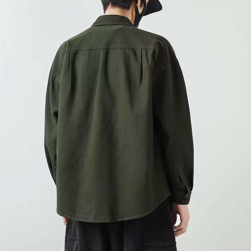Весенне-летняя хлопковая рубашка с длинными рукавами, мужская свободная модная американская куртка с лацканами, карманы, рубашка, верхняя одежда, топы