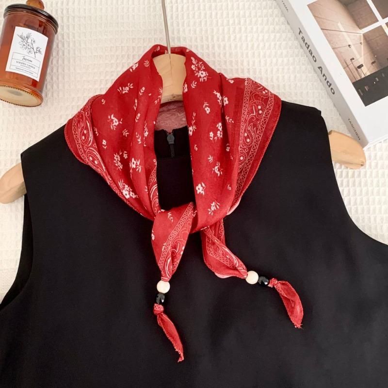 Silk Scarf New Literary Scarf Shawl Cashew Flower Headband Versatile Multi-purpose Pearl Triangle Scarf Waist Tie