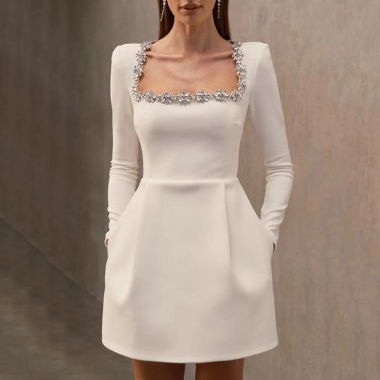 Женское мини-платье с квадратным воротником, длинным рукавом, декором из бисера и цветов, короткое платье с высокой талией и длиной выше колена