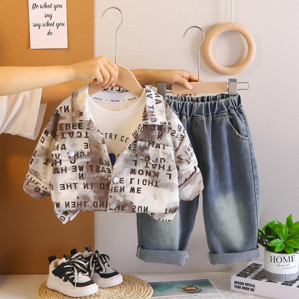 Комплект-тройка с длинным рукавом для мальчиков, Детский комплект с рубашкой-курткой с полной буквенной печатью, 0-5 лет, Детский повседневный комплект