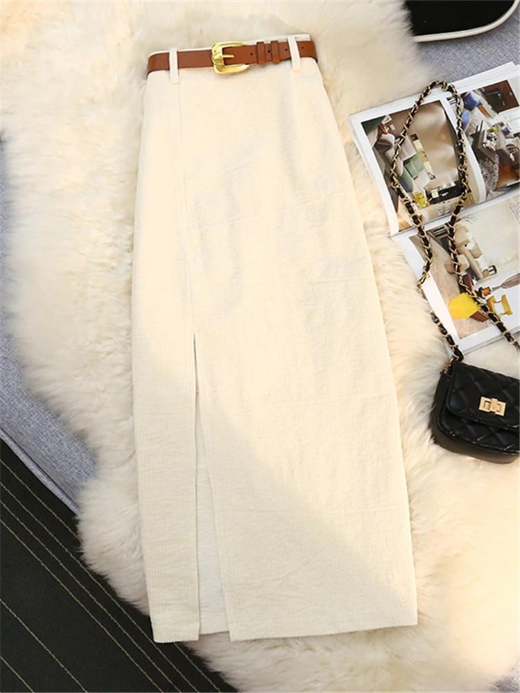 Юбки женские вельветовые осенне-зимние с поясом и высокой талией, прямые, классические, с разрезом спереди, женские