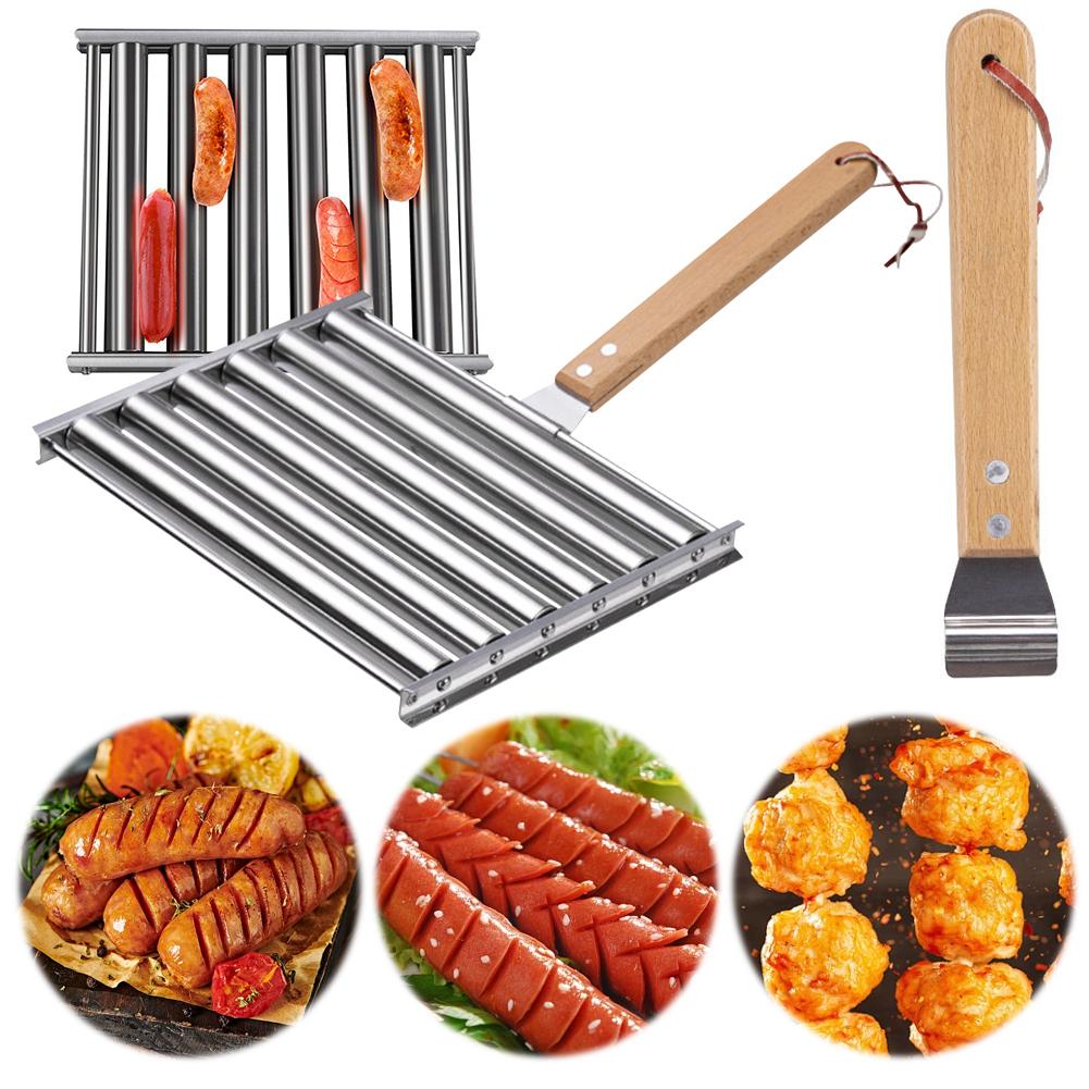 Hot Dog Roller Sausage Roller Rack Stainless Steel Hot Dog Grill Roller with Wooden Handle BBQ Hotdog Roller Grill Accessories