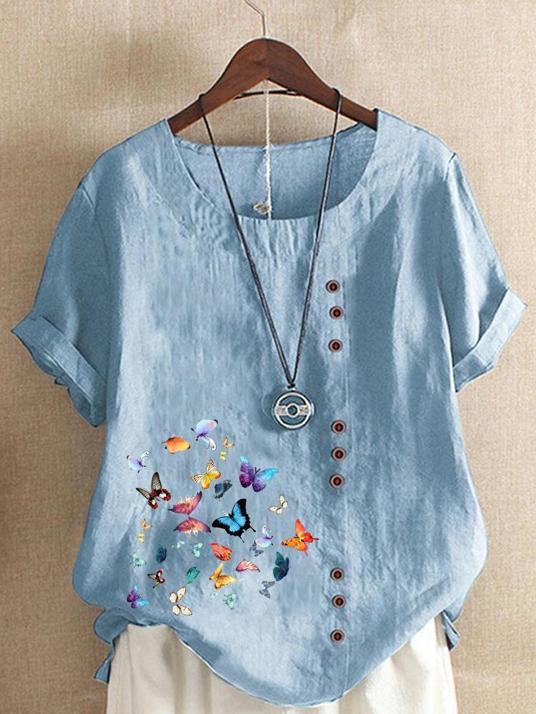Женские топы с короткими рукавами и круглым вырезом с принтом бабочек, свободная хлопковая рубашка, повседневная блузка XS-5XL