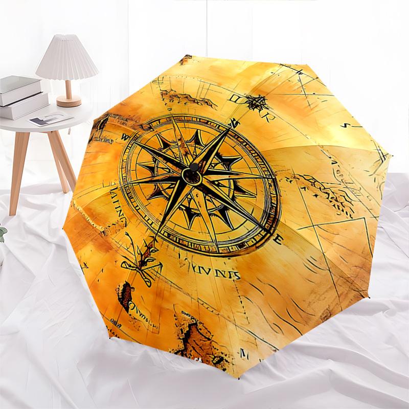 Compass Map Themed Automatic Opening and Closing Umbrella, Brightly Colored 8-rib Portable Umbrella, Suitable for Men and Women, A Perfect G