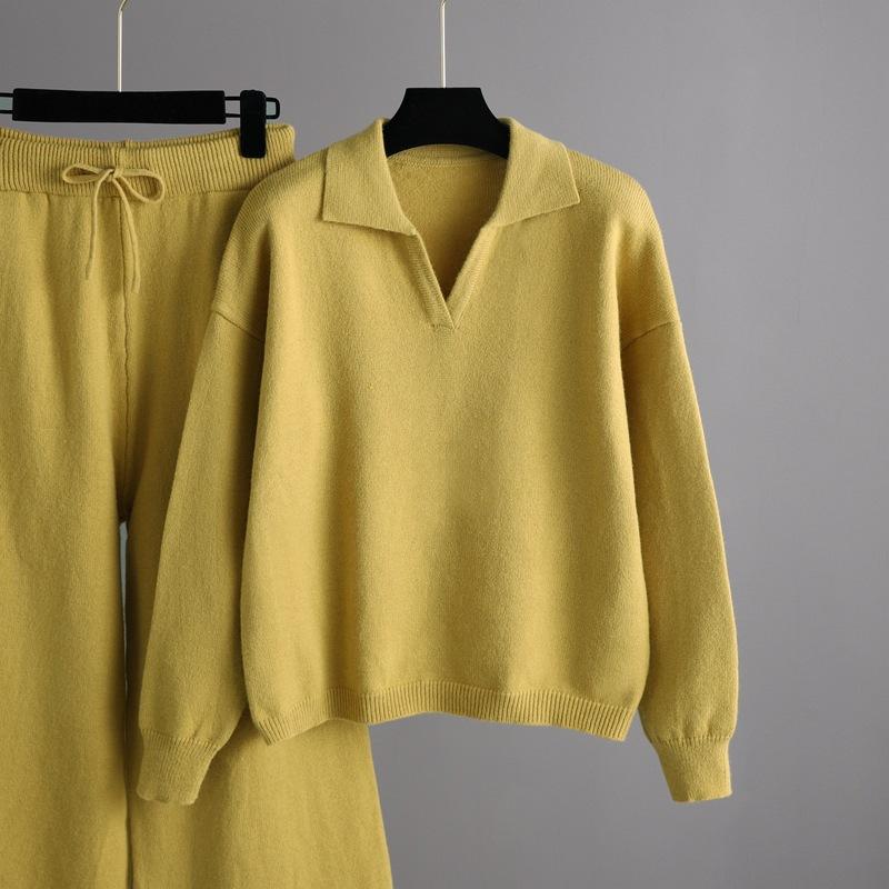 Осенне-зимний однотонный вязаный костюм для женщин, большие широкие брюки с воротником-поло, комплект из двух предметов