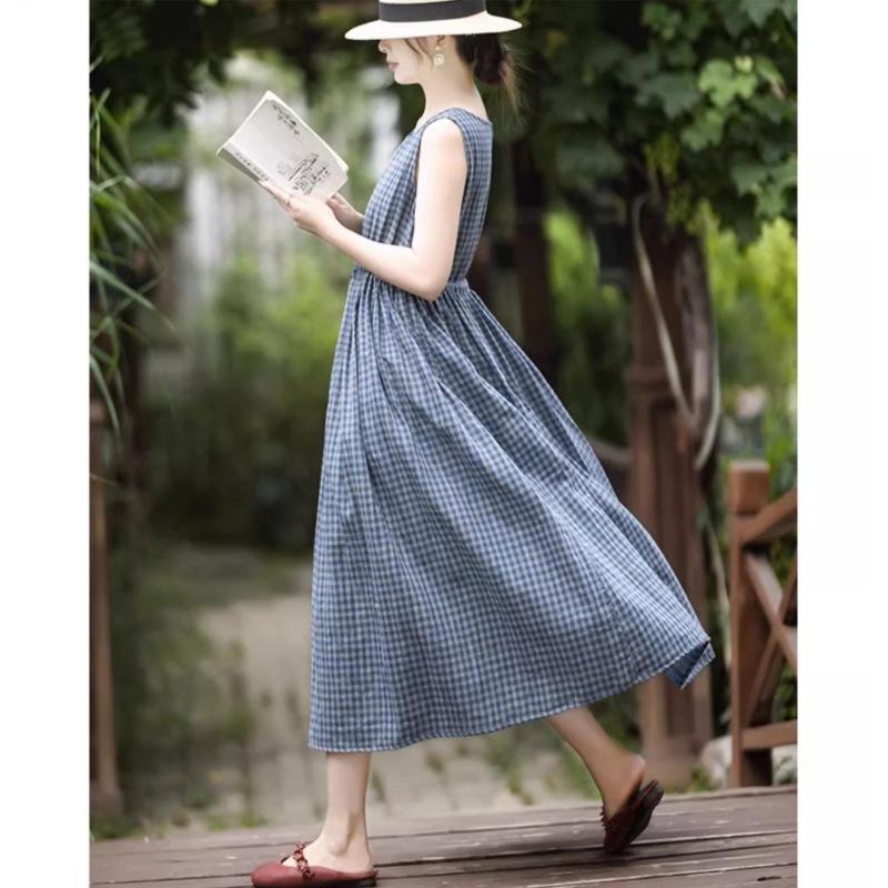 2025 лето новый хлопок двухслойная пряжа круглый вырез клетка длинное платье дизайнерское нишевое платье без рукавов женское