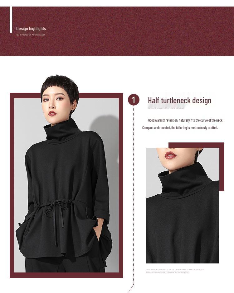 Трендовый женский топ в европейском и американском стиле, темный, с длинными рукавами и кулиской на талии - весна/осень