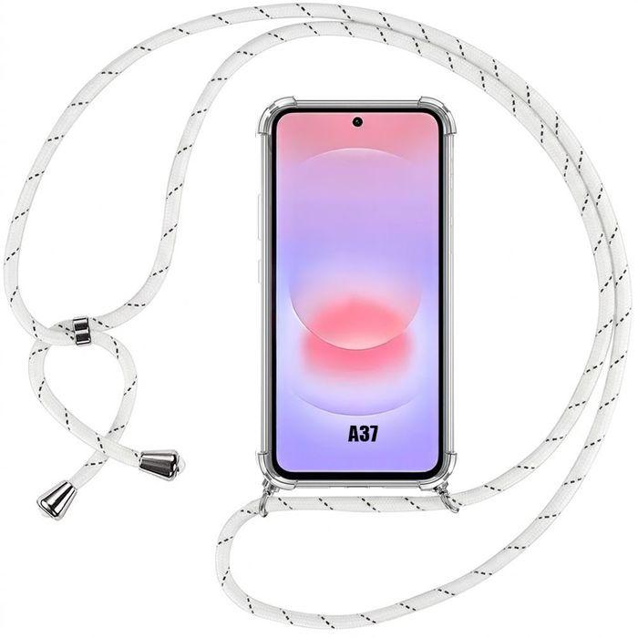 Coque Silicone - BOOLING - pour Samsung Galaxy A37 5G - Antichoc Transparent avec Cordon Blanc