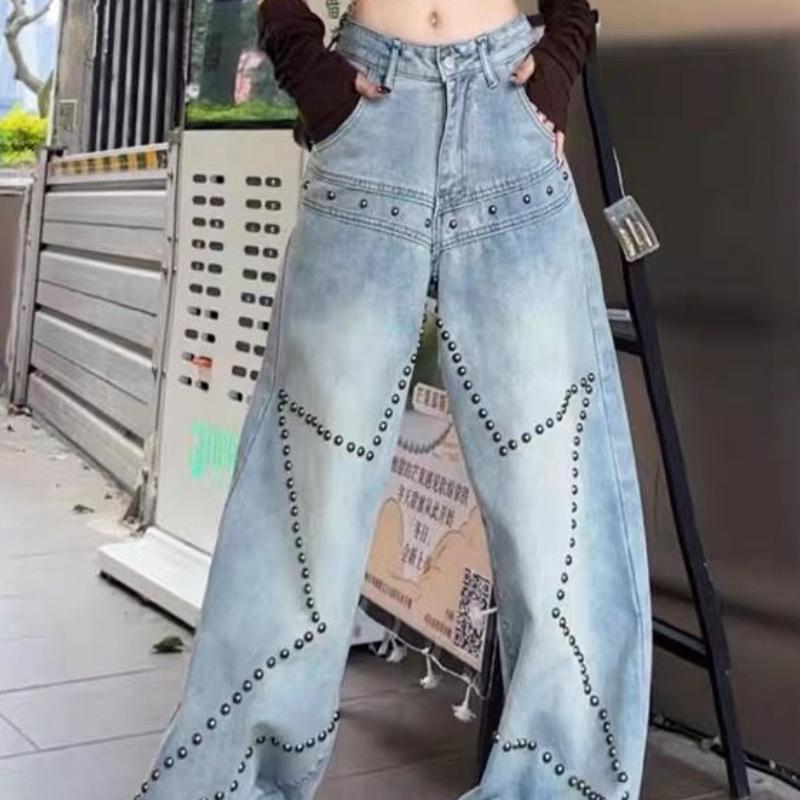 Women's Spring American Style High Street Rivet and Star Embellished Washed Jeans Loose Fit Slimming Retro Design Wide Leg Pants