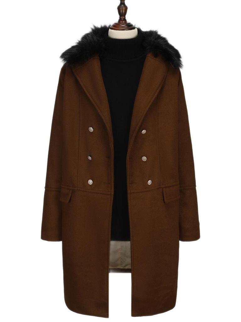 Мужское двубортное шерстяное пальто с большим меховым воротником