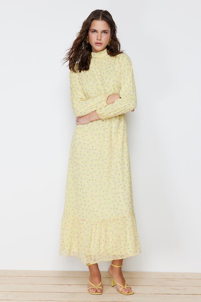 Женское стильное платье-хиджаб с зеленым цветочным принтом, высоким воротником и талией, на подкладке, шифоновое тканое платье