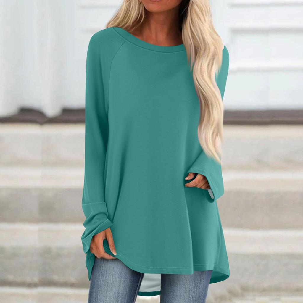 Women's Fashionable Loose Mid-length Round Neck Pullover Solid Color Raglan Sleeves Long-sleeved Casual Top