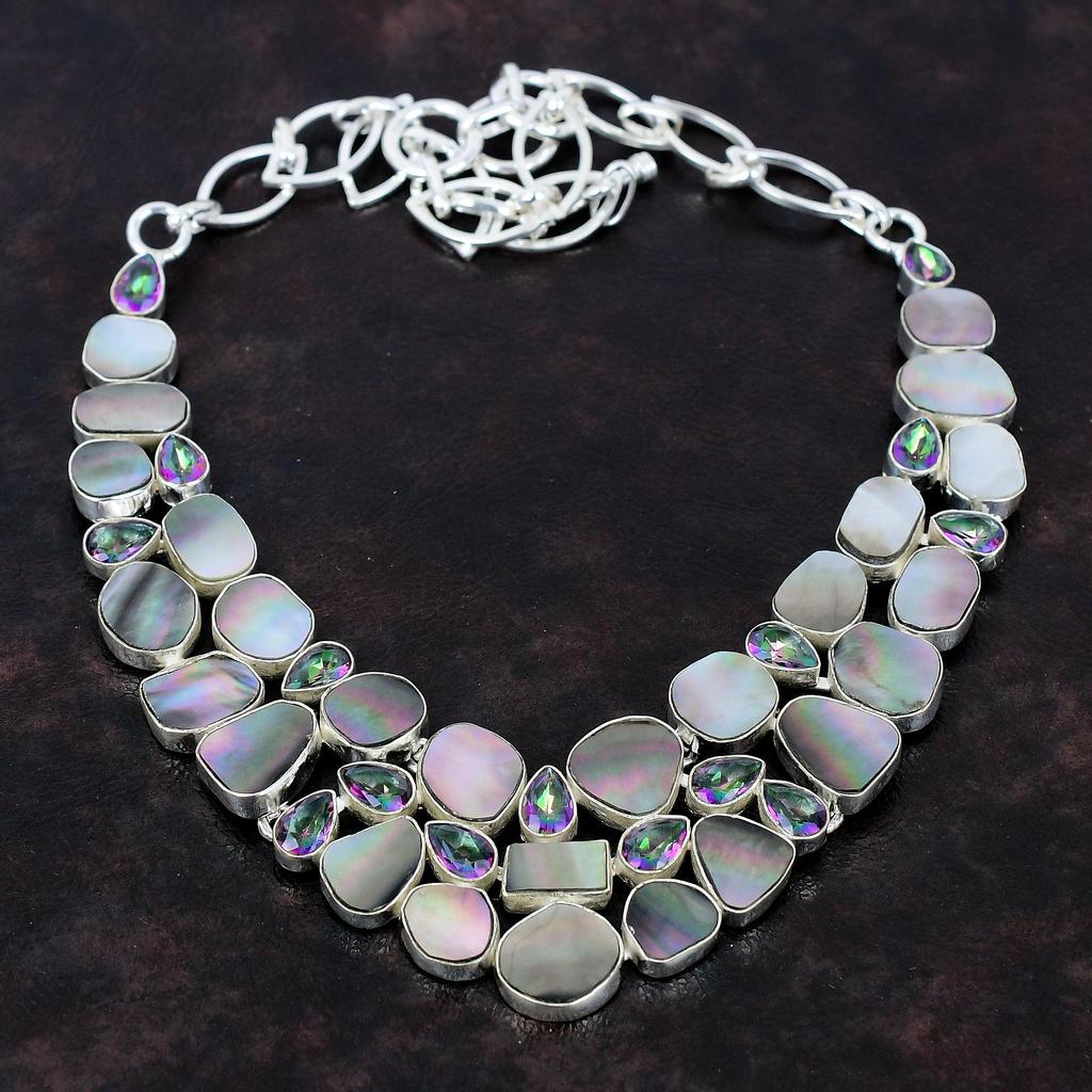Black Mother Of Pearl, Mystic Topaz Gemstone Necklace Jewelry 925 Sterling Silver Necklace Adjustable Chain Necklace Gift For Wife Handmade Jewelry
