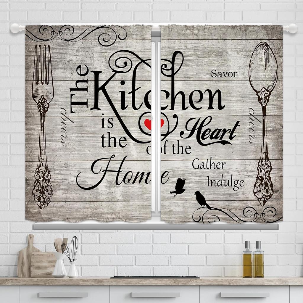 Retro Creative Print Curtain Kitchen Dining Room Living Decoration Curtains Set Of 2 Made Polyester With Rod Pocket Decor