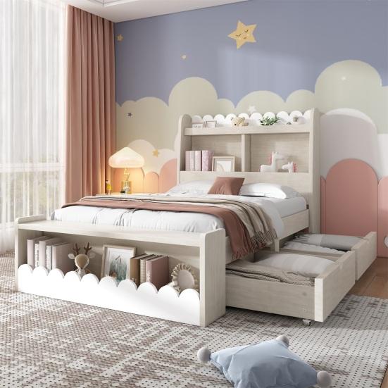 Kids Bed Children Single Storage with Drawers Shelf And Bench Space Wooden Wood 90x200cm Frame Slatted Made of Wood White Oak Color (Without